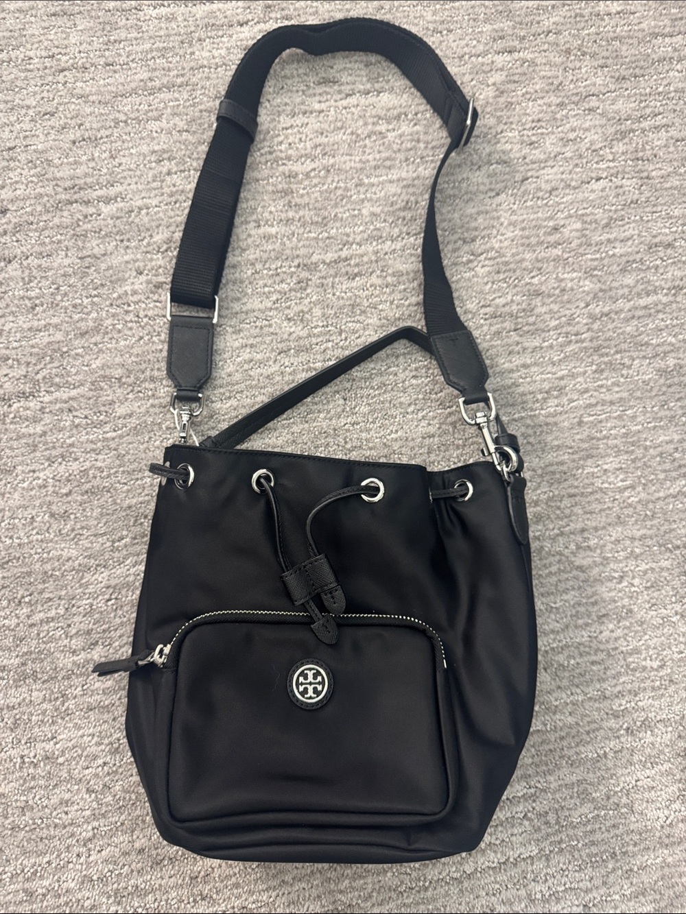NEW Tory Burch Virginia Black Drawstring Nylon Crossbody bucket bag
